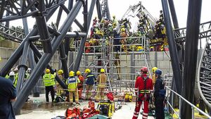 Rescuers at work after the crash at Alton Towers where four people were badly hurt  Pic: Staffordshire Fire and Rescue