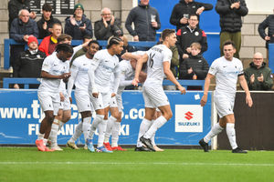 AFC Telford United players celebrate after Remi Walker had fired them in front against AFC Fylde Picture: Kieren Griffin