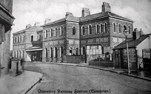 nostalgia pic. Oswestry.
Railway. Railways. Railway station. Railway stations. Steam trains. Steam train.
Oswestry Railway Station (Cambrian). Written on the back of this postcard is 'For my collection, 17.1.18' so the view must be pre-1918.
From a postcard loaned by collector Ray Farlow of Bridgnorth, who is happy for his pictures to be ordered.
Library code: Oswestry nostalgia 2001.