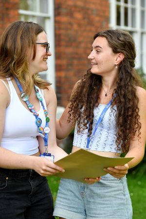 Shrewsbury College students Rosie Finlayson and Sophie Worton celebrate their A-level results