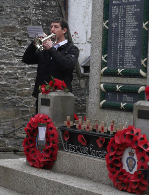 Sean Milward played the bugle at the Knighton VE Day service. Image: Karen Compton