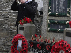 Sean Milward played the bugle at the Knighton VE Day service. Image: Karen Compton