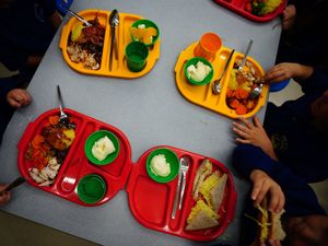 Children eating school dinners on red and yellow trays