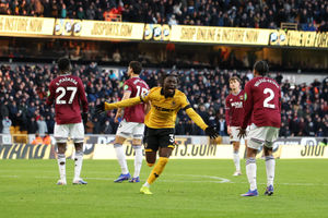 Matheus Mane wheels away in celebration (Photo by Brett Patzke - WWFC/Wolves via Getty Images)