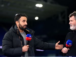 Manchester United manager Ruben Amorim, left, is interviewed by Roy Keane