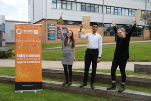 Preparing for Telford College A level results day are, from left, Charlotte Bostock, Saqib Chohan, and Amy Walke