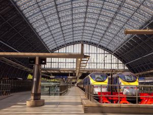 Eurostar trains on the platform at St Pancras International station, London