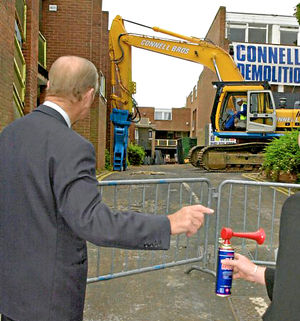 2003: The Duke is handed an air horn to signal the start of demolition at Wilton Court, Woodside, Telford – although in fact demolition did not start until much later.