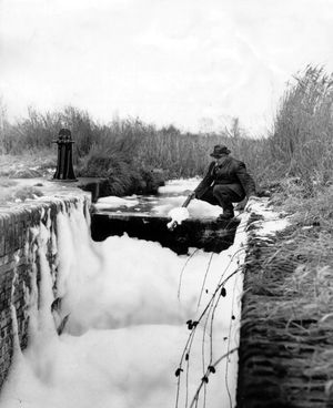 February 17, 1964, of a mammoth build-up of suds in the old lock of the Trench arm of the Shropshire Union Canal near the farm of farmer Mr Eddie Bromley (pictured) at Wappenshall.