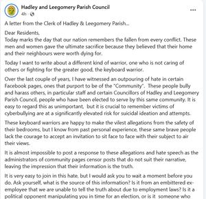 Jane Lees' post on the Hadley & Leegomery Parish Council Facebook page. Picture: Facebook screengrab