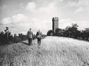 Flounder's Folly, near Craven Arms, pictured in 1956. It is a tower erected in 1838 by Benjamin Flounder, a Yorkshire industrialist and a Quaker who owned much of Culmington parish. The tower was supposedly placed at the meeting point of the estates of four landowners. Picture: S R Turner