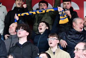 Salop fans celebrate the win. Picture: Tim Thursfield