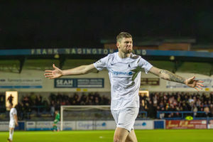Matty Stenson celebrates firing AFC Telford to victory against Altrincham in the FA Trophy, and becoming AFC's all-time record goalscorer in the process (Picture: Jayden Porter)
