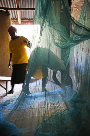 Esther Wasonga helps Elizabeth to use her mosquito net