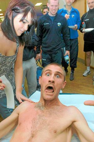TNS player Greg Draper, taking part in a chest wax for Children in Need