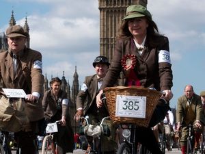 Supporting image for story: How wonderfully British! Watch cyclists in vintage clothing go on a jolly old cycle through London