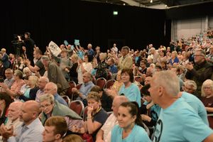 Cheering crowds at the Brexit Party West Midlands conference