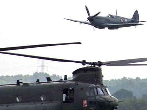 Supporting image for story: 40ft from disaster: Spitfire and Chinook in near miss before 2018 Cosford Air Show
