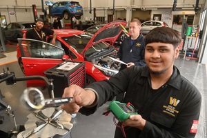 Automotive students at City of Wolverhampton's Wellington Road campus in Bilston: L-R: Tyram Senior the Automotive Lecturer and students: James Kennan-Hannon and Akash Bhatia
