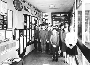 A Wolverhampton Motoring History Display, produced by pupils of East Park Junior School, marked 50 years since the last Sunbeam came off the production line. Celebrations also included preserved models of the famous car and ex-employees of the former Sunbeam factory, were encouraged to take part. The photograph shows teacher David Whyley with some of his pupils, in April 1985.