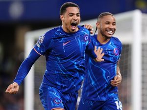 Levi Colwill, left, celebrates with Christopher Nkunku after scoring Chelsea’s third goal against Southampton