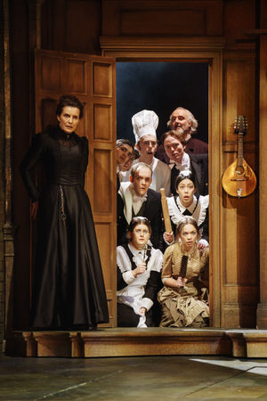 Vivien Parry as Maria and household staff (watching Malvolio dance). Pictures by: Manuel Harlan