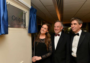 Unveiling the plaque is Guest Speaker Hannah Nugent, left. College Governor Iain Gilmour, centre and College Principle Steve Wain, right.