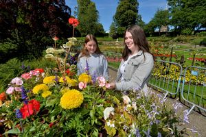 Charlotte Davies and Daisy Howgarth enjoy the better weather on a visit to Shrewsbury