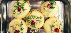 Flavour bomb – yoghurt chat bombs filled with chickpeas, spiced yoghurt, tamarind and coriander