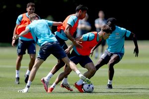 Baggies midfielder Jayson Molumby holds off the advances of team-mates during a competitive training session. (Photo by Adam Fradgley/West Bromwich Albion FC via Getty Images)