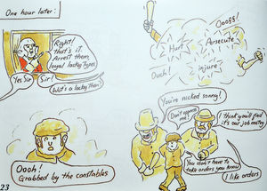 The book tells the story in cartoons.