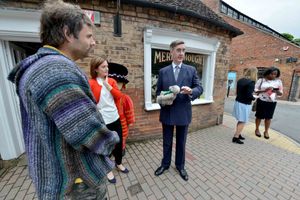 Charlie Parker, left, during Jacob Rees-Mogg's visit to Ironbridge