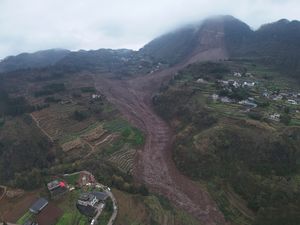 An aerial view of the site of the landslide in Jinping in China