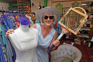 Tina Salter at the Old Mill Antiques Centre, with tennis gear from the 1970's