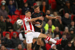 James Chester of Stoke City and Jordan Hugill of West Bromwich Albion. (Photo by Adam Fradgley/West Bromwich Albion FC via Getty Images).