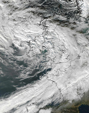A satellite image shows Storm Barney's cloud system