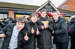 Image shows (L-R) Jasper Hadley (11), Sidney Hadley (11), Isaac Pocock (12) and Zoe Pocock outside Hot Spot.