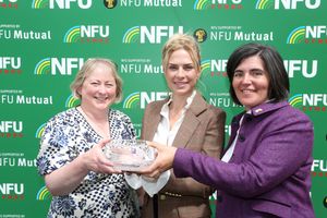 NFU Cymru/NFU Mutual Wales Woman Farmer of the Year Award winner Robbie Alman-Wilson (centre), pictured with award judges NFU Cymru/NFU Mutual Group Secretary Heather Holgate (left) and NFU Cymru Deputy President Abi Reader (right)