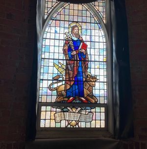 One of the stained glass windows inside the chapel at the former Royal Hospital in Wolverhampton. Photo: Joe Sweeney/LDRS.