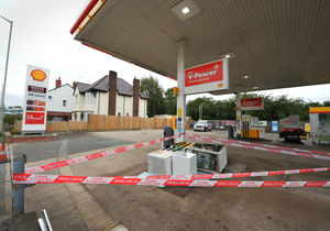 The aftermath of the crash at the Shell garage in Oswestry town centre