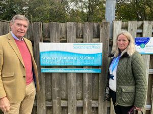 Philip Dunne MP with Councillor Hilary Luff at Swains Meadow sewage pumping station