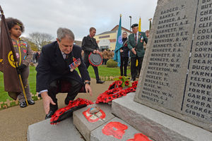 Councillor Ian Nellins laying a wreath at Market Drayton's Remembrance Sunday Parade