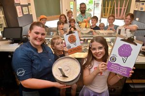 Coleham pupils Harmony Chappell and Florence Jennings with Gaia Berni from Gelatistry, with fellow classmates and headteacher Tom Larkham.