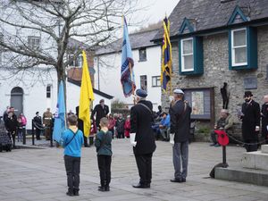 Four standard bearers at Knighton’s cenotaph, jimsaunders.co.uk