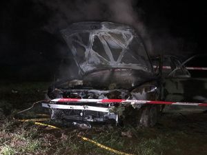 Supporting image for story: Car destroyed in fire on A53 at Market Drayton