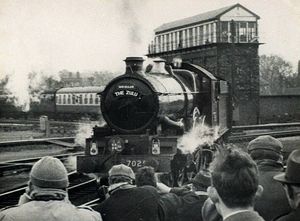 The Shrewsbury signal box looms over the last day of steam in March 1967