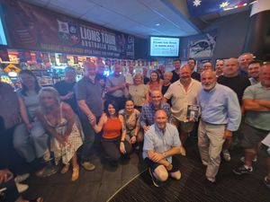 Friends and former pupils of Cardinal Griffin line up with Pop Popovic at Bar Sport