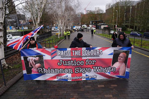 Protesters outside  Coventry Crown Court after asylum seeker Deng Chol Majek was jailed for life with a minimum term of 29 years for murdering hotel worker Rhiannon Whyte on a railway station platform in Walsall in October 2024. Picture date: Friday January 30, 2026. PA Photo. Photo credit: Jacob King/PA Wire