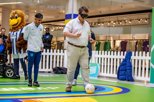 Mike Wood is put through his paces for blind football as part of the launch event