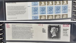 This folded counter booklet commemorating the Penny Black was to house stamps totalling £1.30 in value. But this particular example was grossly miscut – ruining many of the stamps at the time yet making it now a sought-after collector’s item. Image shows both sides of the booklet.